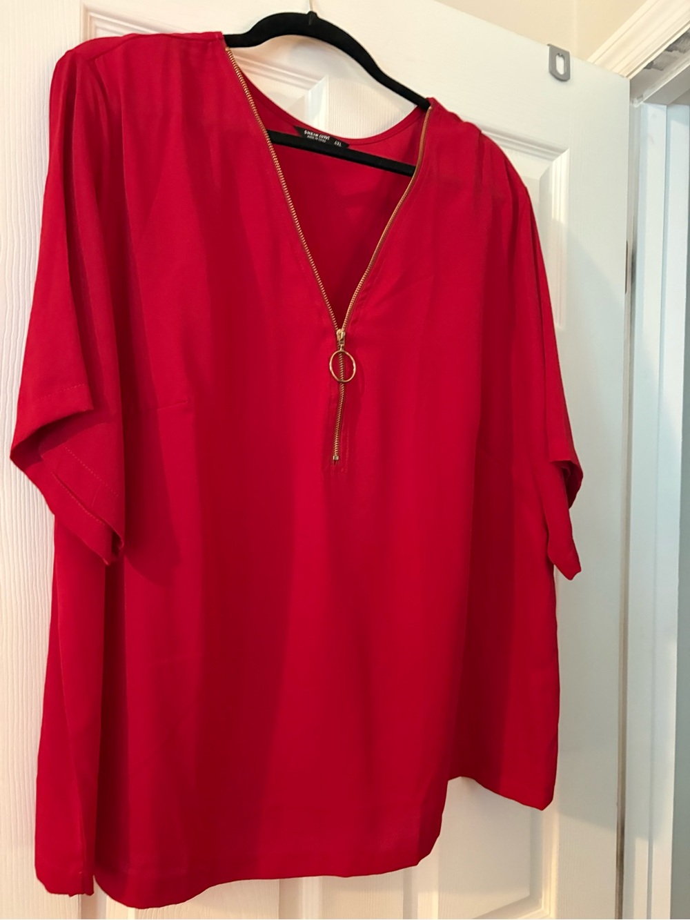 SHEIN Red Zip-Front V-Neck Blouse